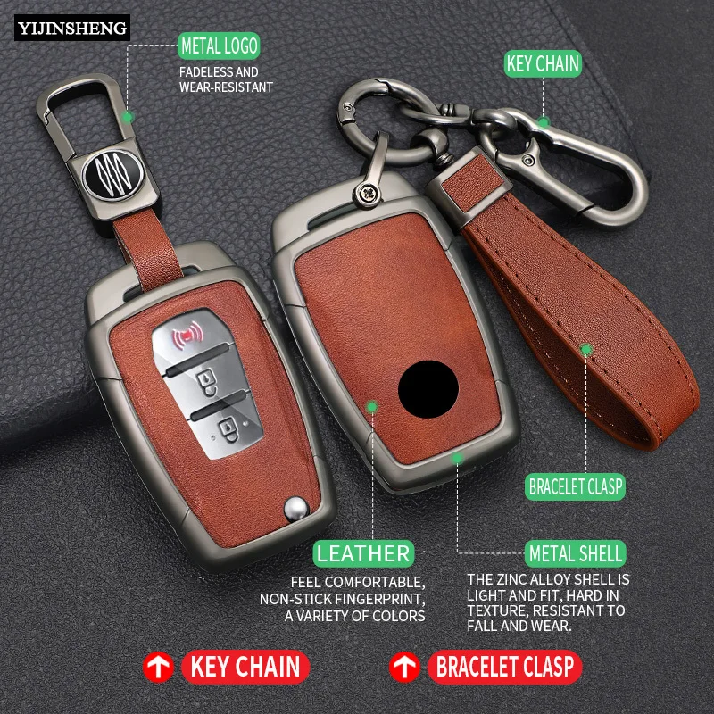 Zinc Alloy + Leather Car Key Case Cover Skin Holder For Ssang Yong Kyron 2 Sanka Actyon Korando Tivoli 3 Button Flip Remote Key