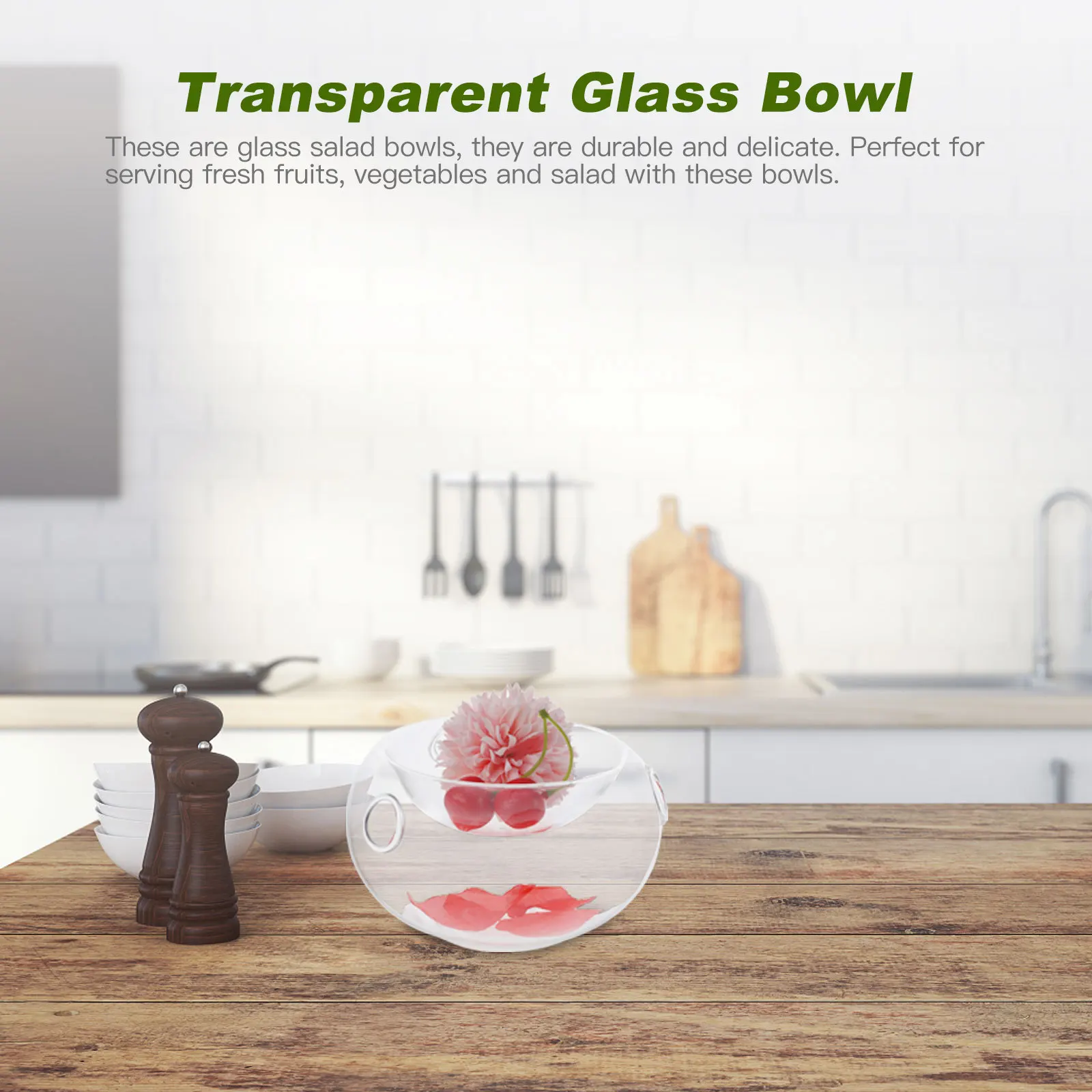 

1Pcs Transparent Glass Salad Bowl Heat Resistant Comfortable Hand Feeling Serving Bowl for Fruit Vegetable Salad
