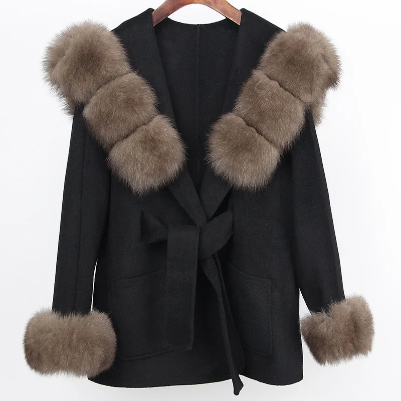 Winter Women Wool Jacket Lace-up Coat Cuffs Removable Fox Fur Female High Quality Double-sided Cashmere Woolen Coat