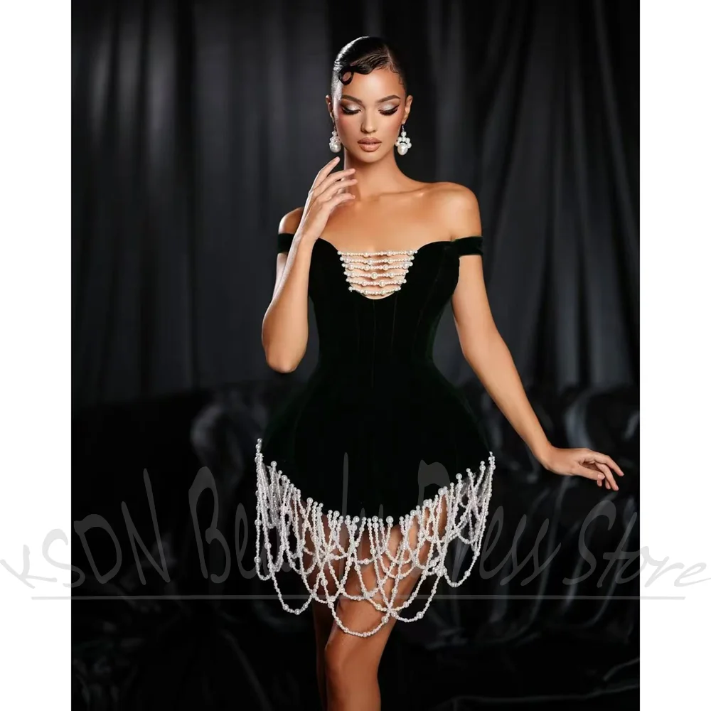 Fashion Pearls Women Dresses Exquisite Off The Shoulder Beads Black Prom Gowns Luxury Short Style Evening Party Mini Dresses