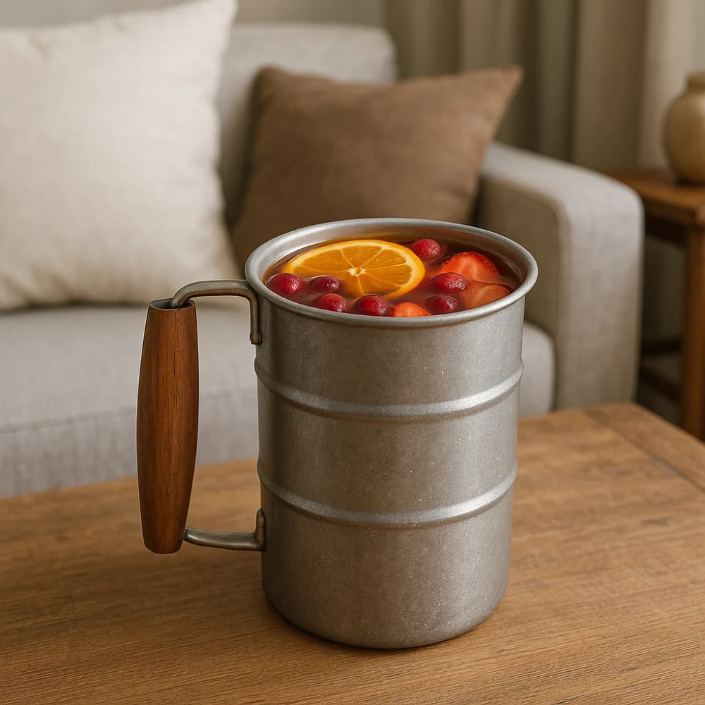 

Stainless Steel Vintage Wine Mug Oil Barrel Design Shatterproof Cold Drinks Mug Industrial Style Wooden Handle Tea Mug