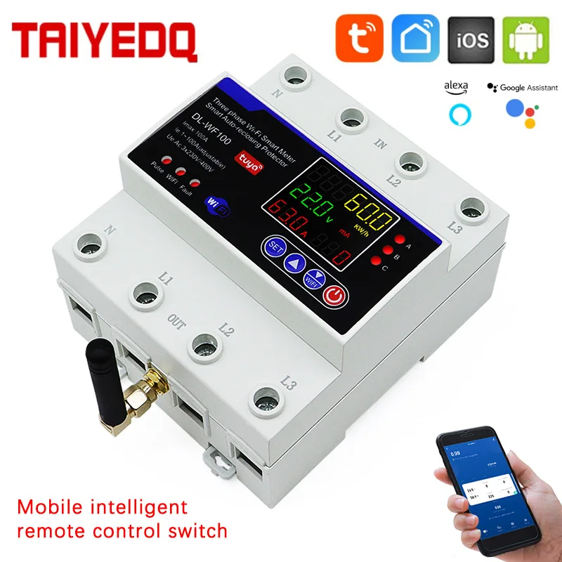 Tuya WiFi 4P 100A Three-Phase Smart Meter Timer Breaker Prepaid Meter Timer Switch Remote Control Voltage Protection