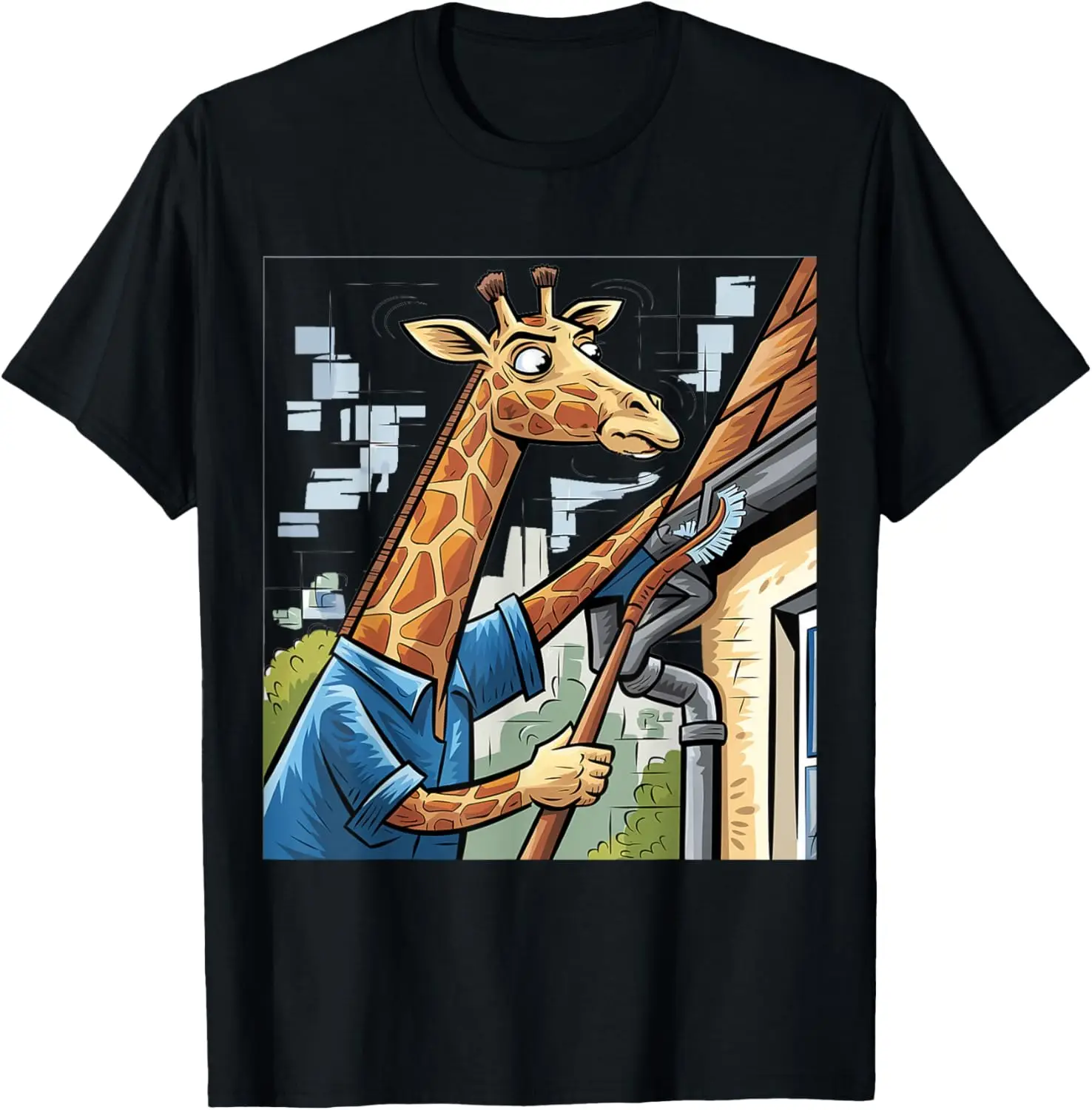 

Smilefuntees Funny Giraffe Cleaning Gutters Satire T-Shirt