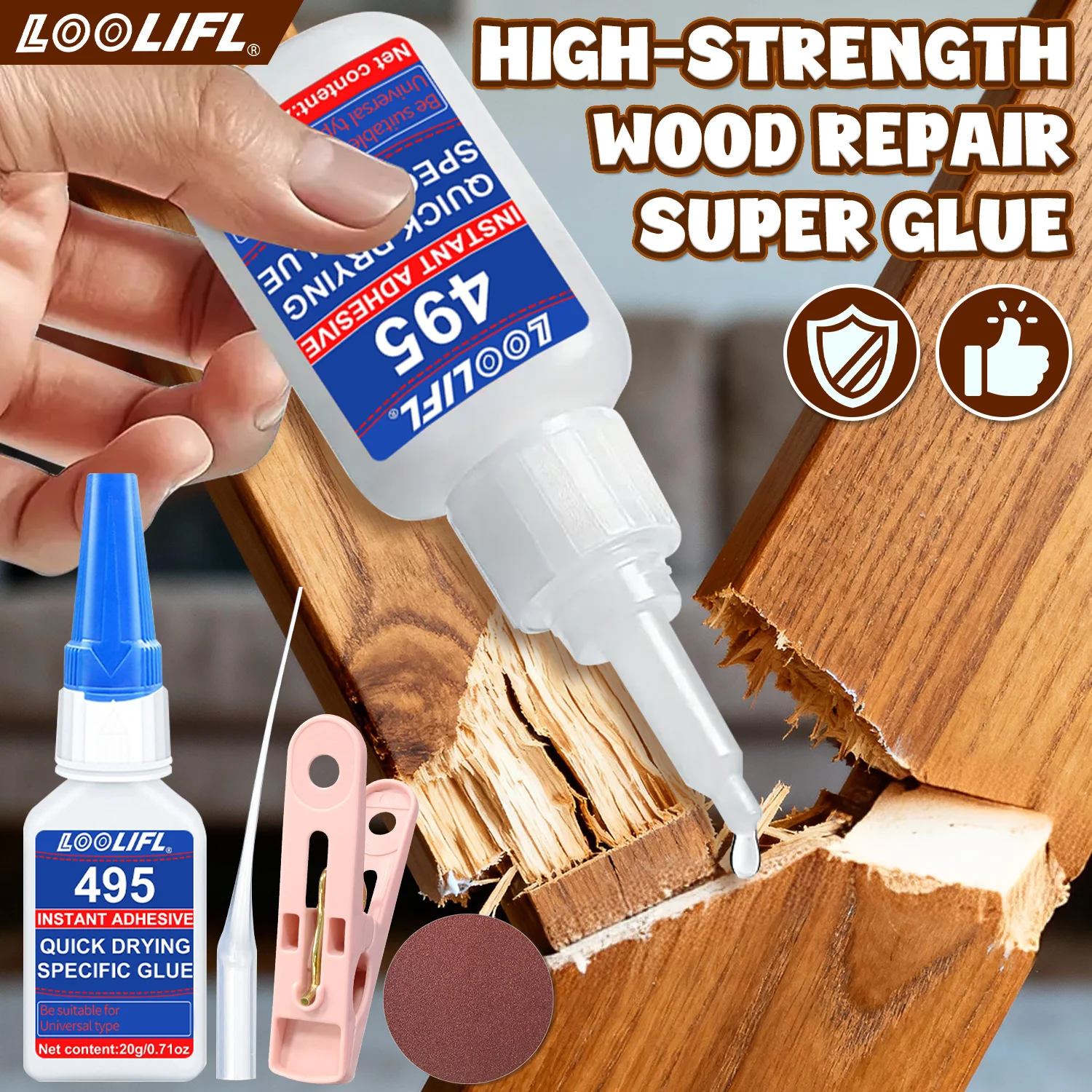 LOOLIFL - Super bois adhésif 495/1-5/20g adhésif métallique transparent, inodore adhésif puissant métal / plastique, adapté à la main DIY usine maison à double usage, DIY adhésif spécial pour la