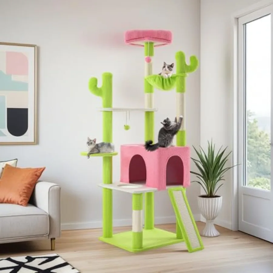 

68 Tall Cactus Cat Tree with Sisal Scratching Posts Multi-Level Indoor Activity Center for Climbing and Playing Green and Pink