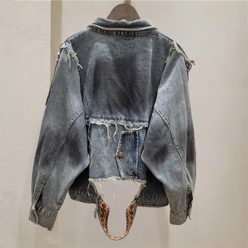 ANJY Spring Autumn New Women American Style Heavy Color Block Distressed Frayed Denim Jacket Washed Patchwork Trendy Coat A25885