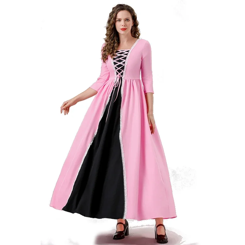 

Vintage Women Dress Medieval Costumes Carnival Party Cosplay Costume Middle Ages Retro Style Pink Long Dress