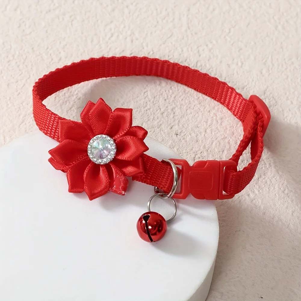 Nylon Flower Embellished Cat Collar with Bell, Adjustable Pet Collar for Cats and Small Dogs, Multiple Colors Available - One Si