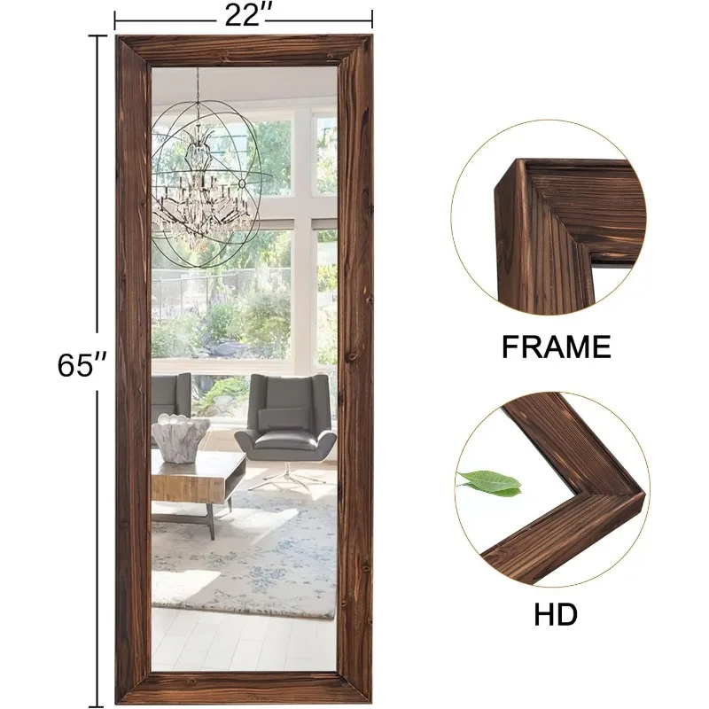 Miroir sur pied avec cadre en bois massif, miroir pleine longueur, support vertical et horizontal, robe murale