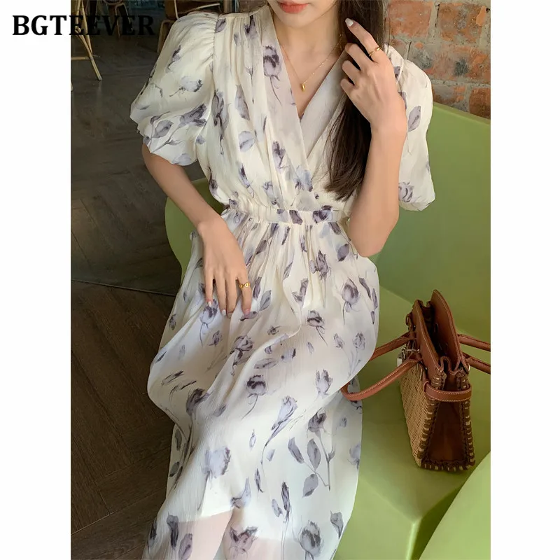 BGTEEVER Elegant Slim Waist Pockets Ladies Floral A-line Dress V-neck Puff Sleeve Women Printed Dress Spring Summer Vestidos