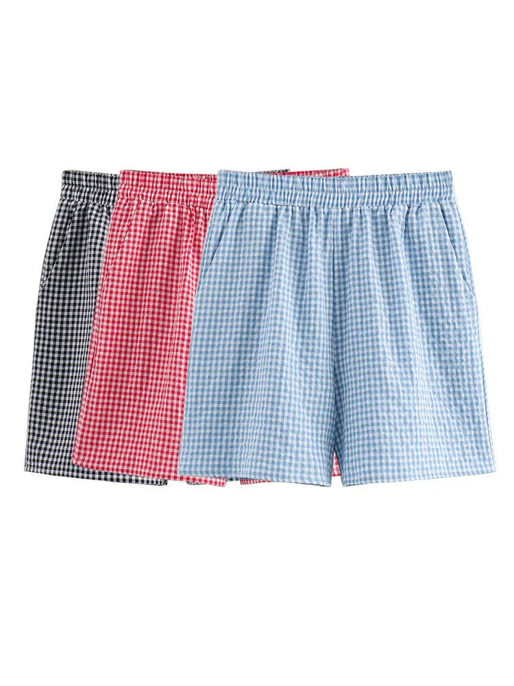 

TRAFZA Elegant Woman Side Pockets Loose Casual Vintage High Waist Shorts Women's Summer Chic Plaid Print Elastic Waist Shorts