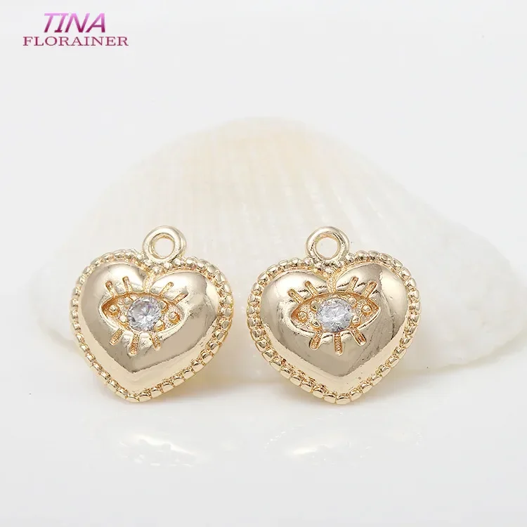 6PCS 11*10MM  Gold Color Plated Brass with Zircon Heart  and Eyes Charms Pendants Jewelry Making Supplies Diy Findings