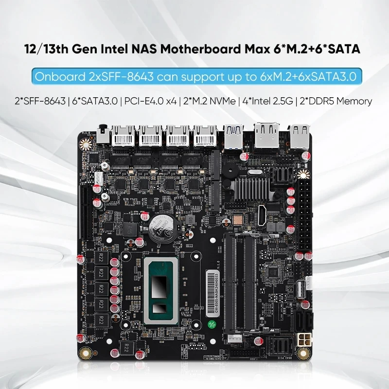 6 베이 NAS 마더보드 i5-12450H 8505 Max 6 * NVMe 6 * SATA3.0 1 * PCIEx4 4 * 인텔 i226-V 2.5G 2 * DDR5 방화벽 라우터 미니 ITX 메인보드