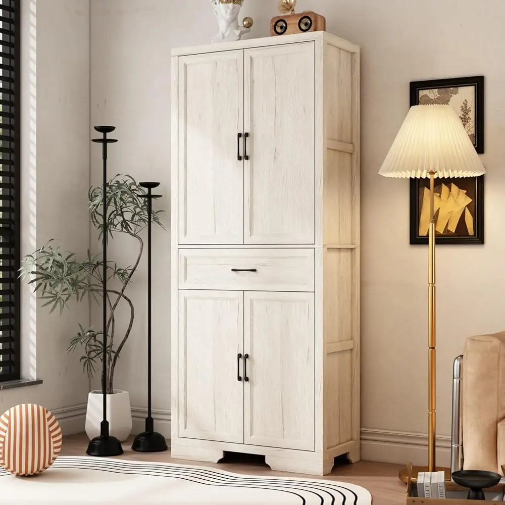 

Modern Storage Cabinet With 4 Doors & 5-Tier Shelves, Kitchen Pantry Cabinet Bookcase With Drawer & Bla Handles, For Living