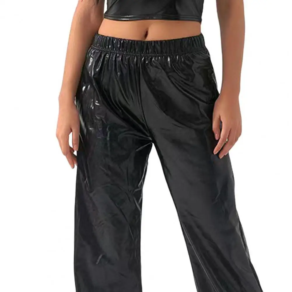 Women Men Casual Pants Mid-Rise Elastic Waist Straight Design Long Trousers Faux Leather Loose Fit Pants