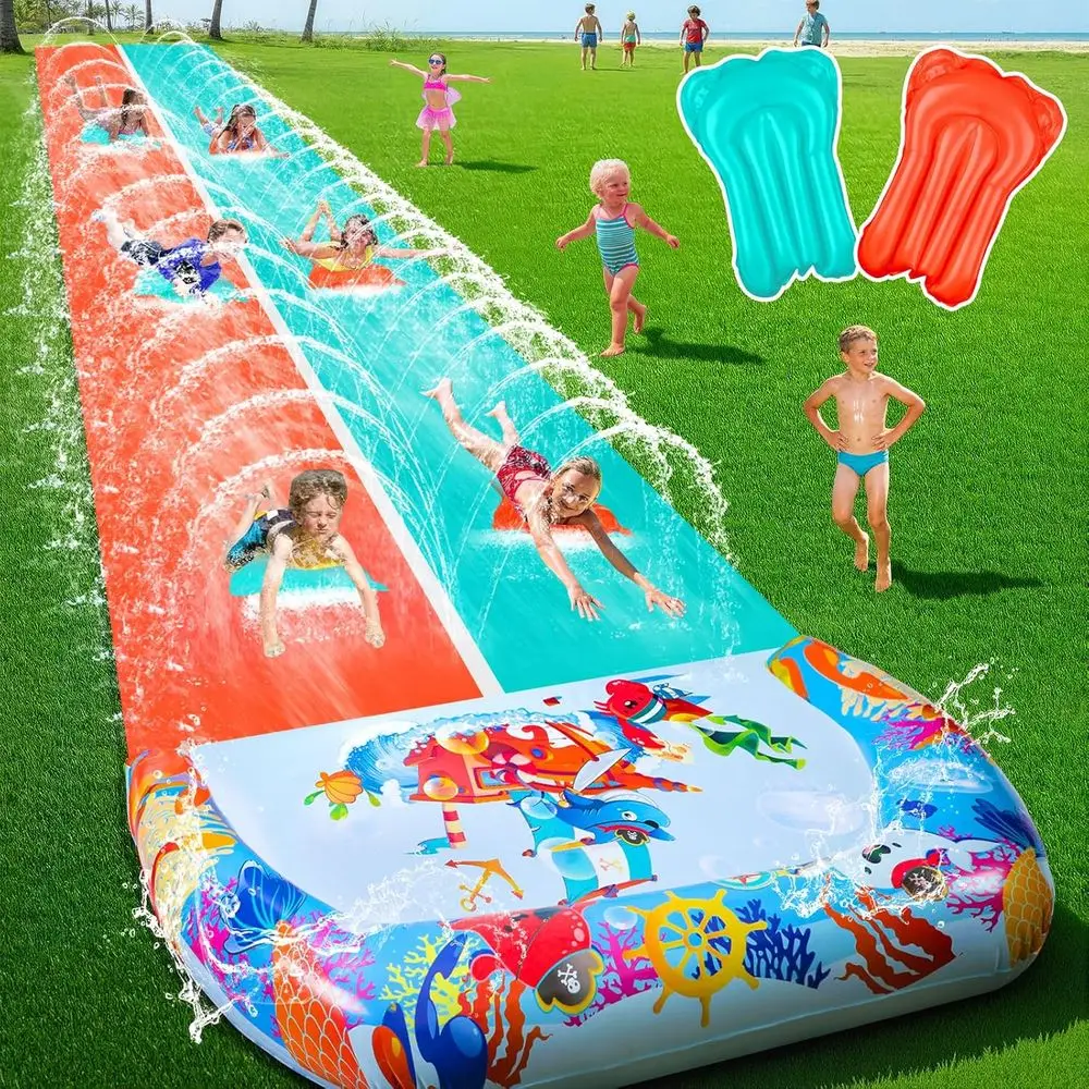 

46T Double Slip and Water Slides or Kids Adults Backyard, Extra Long Lawn Water Slides with 2 Bodyboards, Heavy Duty, Giant Iata
