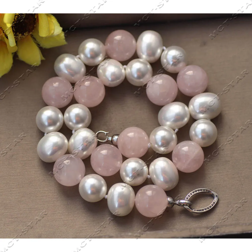 

Z14305 20'' 20mm White Round Egg South Sea Shell Natural Pearl Pink Crystal Necklace CZ