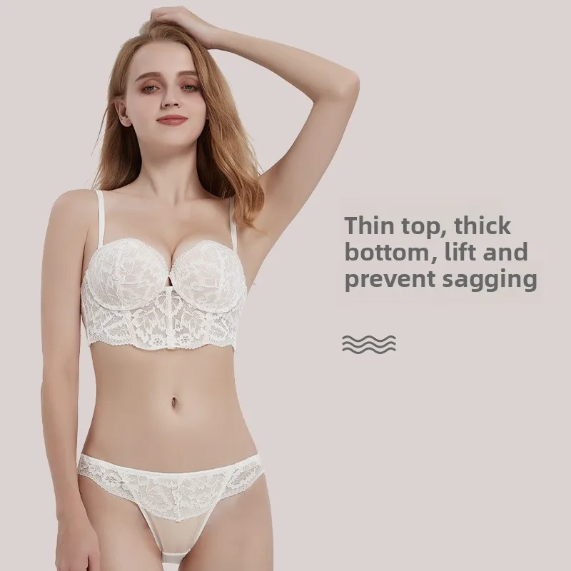 

Sexy Small Bust Gathered Women's Underwear Anti-Sagging Lace Half Cup Fishbone Bra Set Bandage Chest Binding /4 Cup Bra