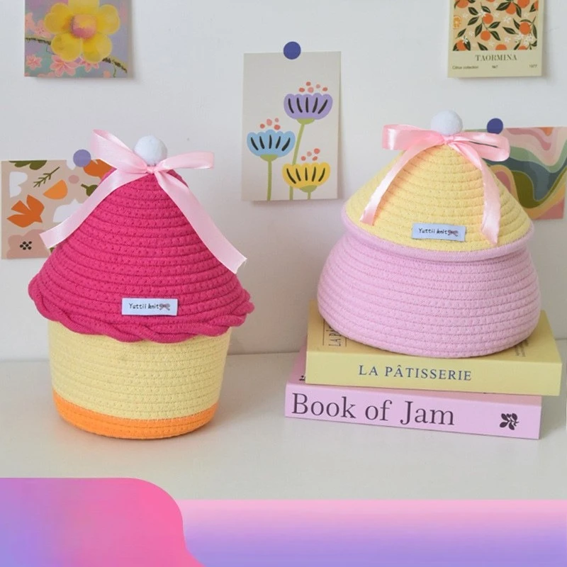 Cute Cartoon - themed Cotton Rope Storage Basket with Lid - Ideal for Desktop, Snack Storage & Home Decoration