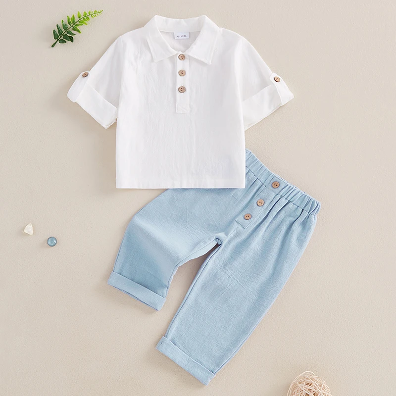 

Boys Autumn Ensemble Stylish Solid Color Shirt with Buttons Turn Down Collar Long Sleeves and Matching Pants - 2 Piece Set