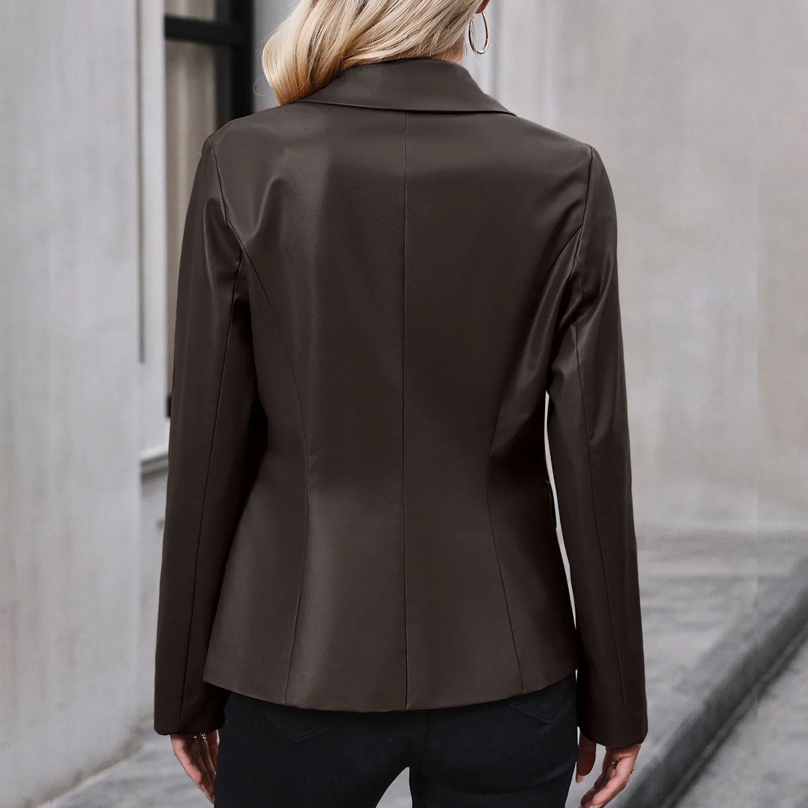 Veste en cuir PU pour femme, blazer fin avec boutons, manteau vintage à manches longues, col à revers décontracté, travail monochrome, automne 2024