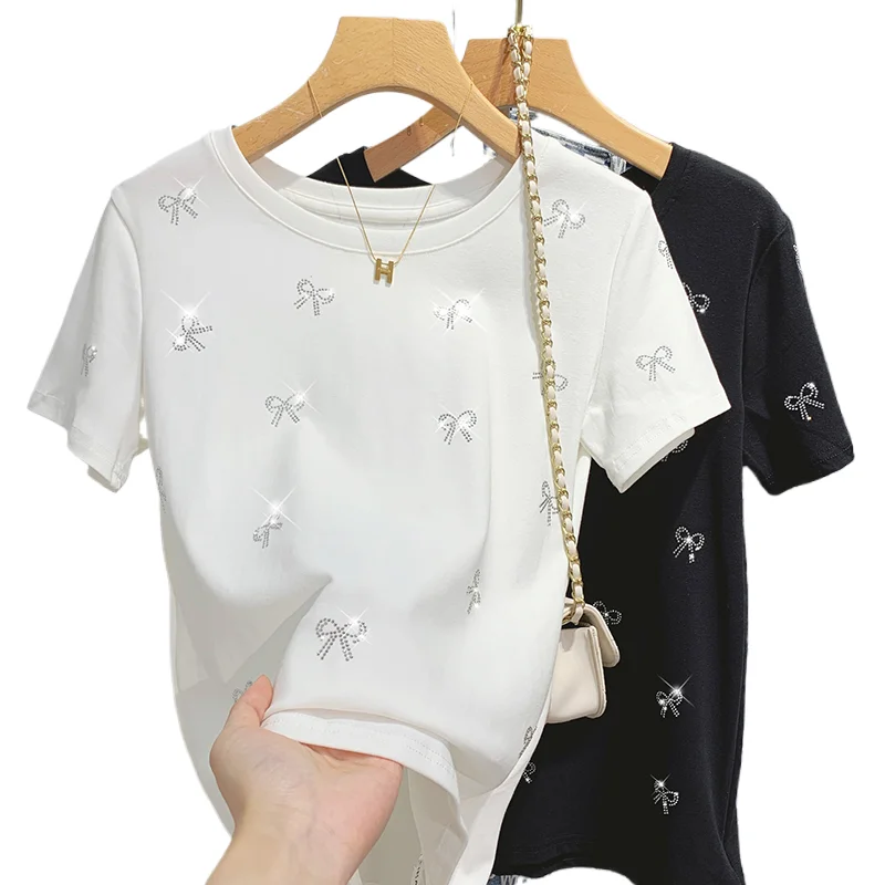 

Fashion Rhinestone Short Sleeved T-shirt For Women Summer Korean Chic Loose Round Neck Top Sweet Shiny Bow Versatile Tee