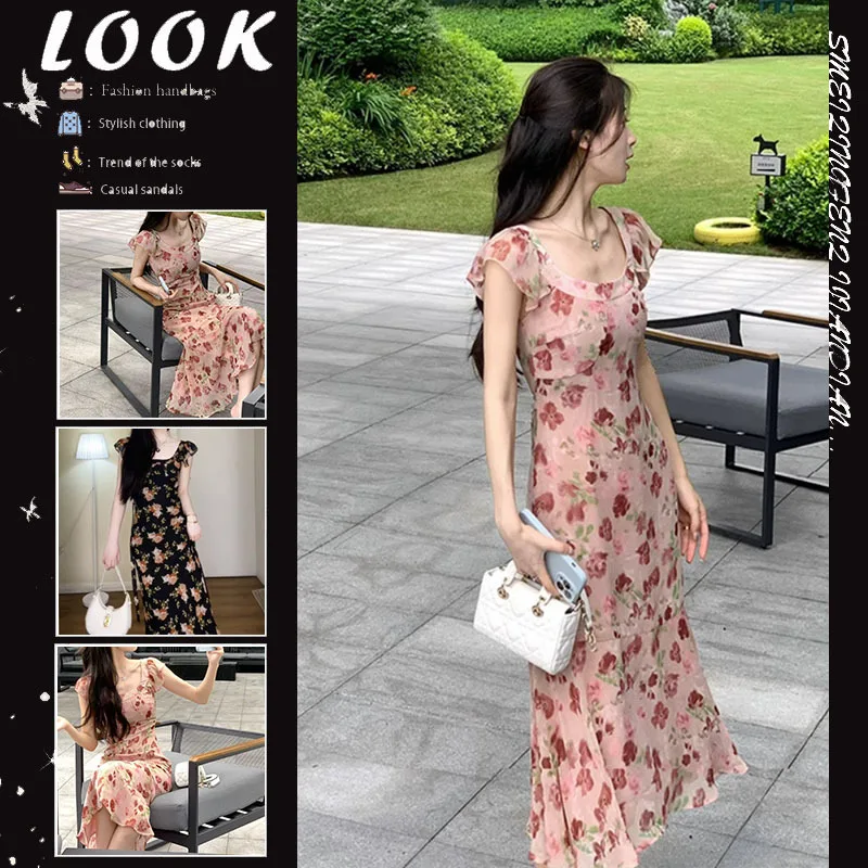 

Retro Vacation Style Floral Print Dress Summer Unique Design High Waist Sensation Long Skirt Sleeveless Fish Tail Gown