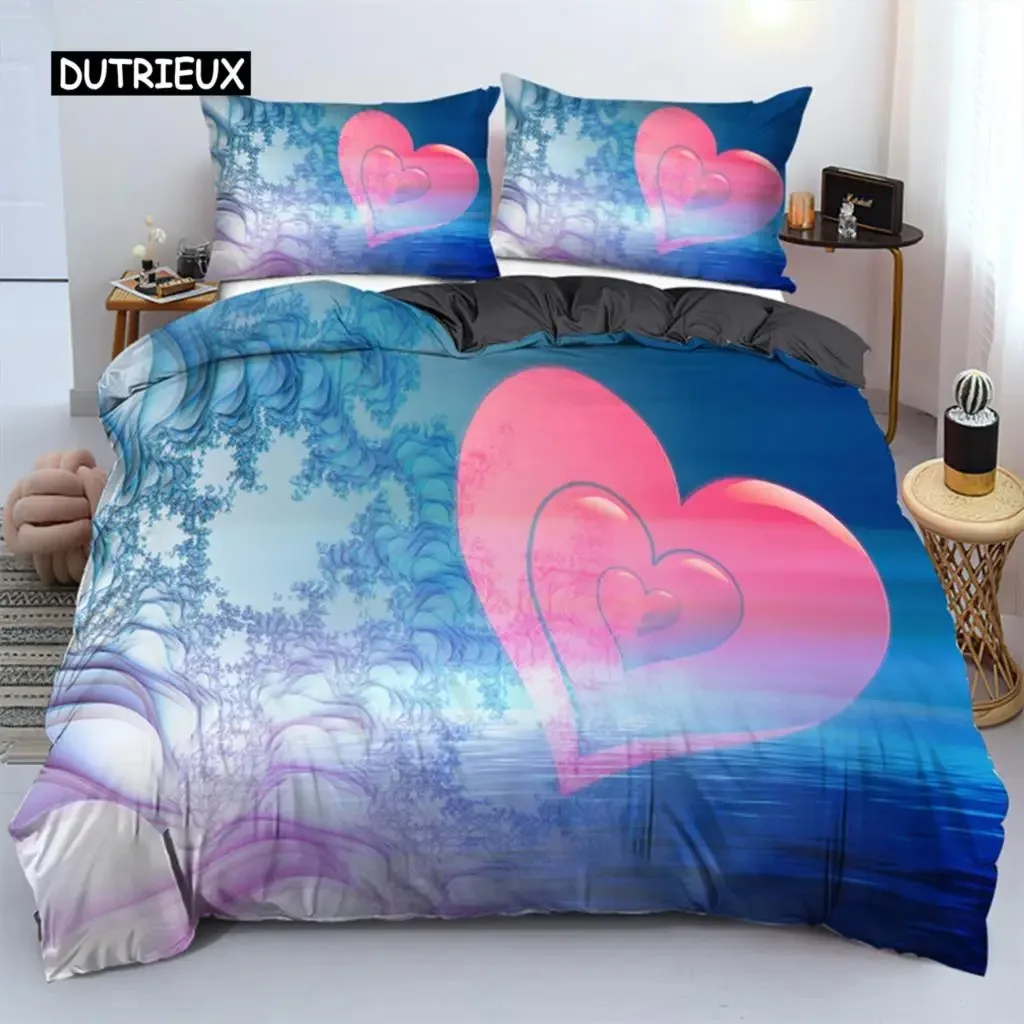 3D Love Heart Duvet Cover Microfiber Luxury Romantic Theme Bedding Set King Queen For Couple Valentine's Day Bedroom Decor