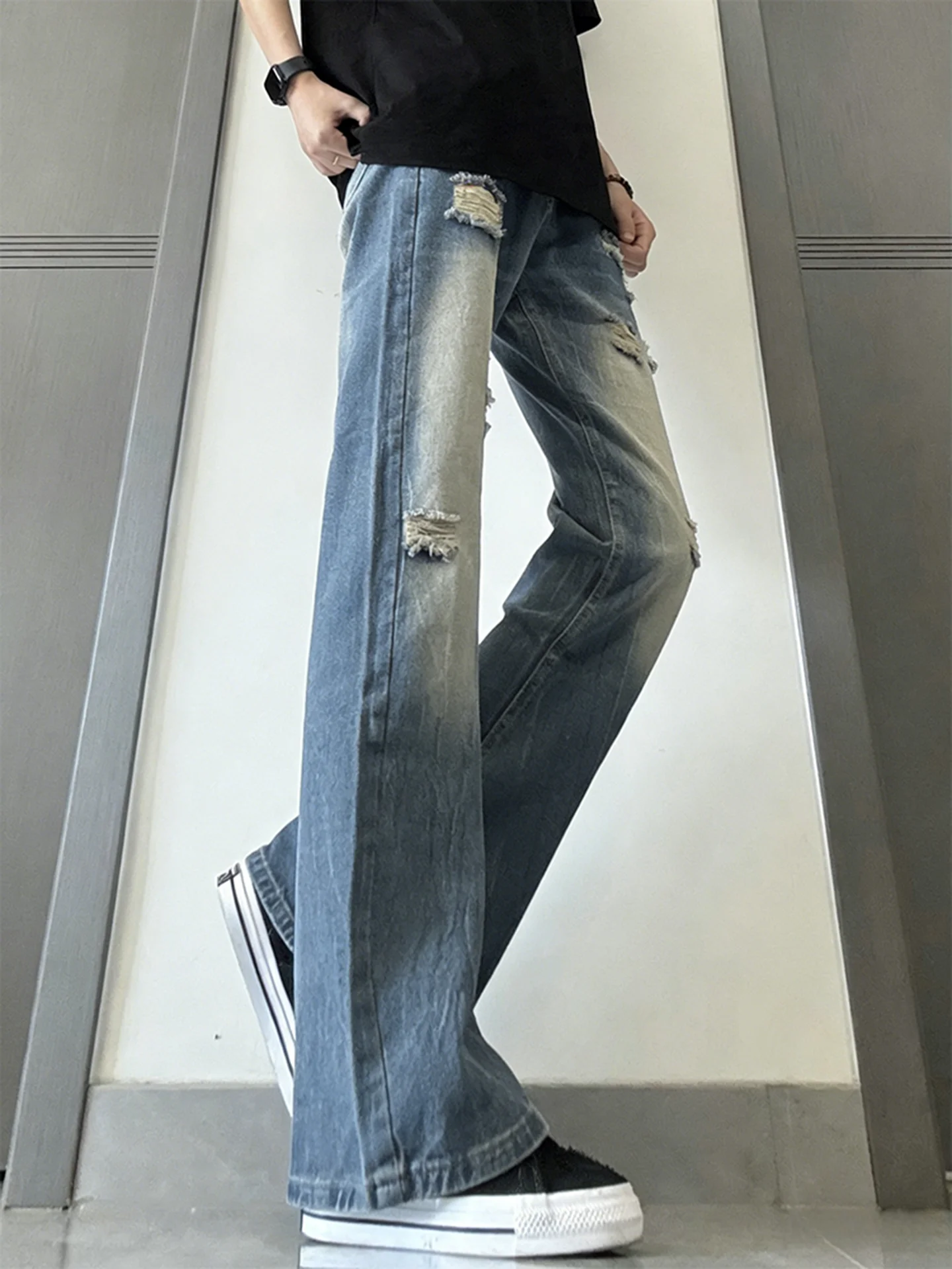 

Cleanfit Vintage Blue Lightning Pattern Ripped Denim Jeans Men's American High Street Straight Leg Slimming Micro Flare Pants