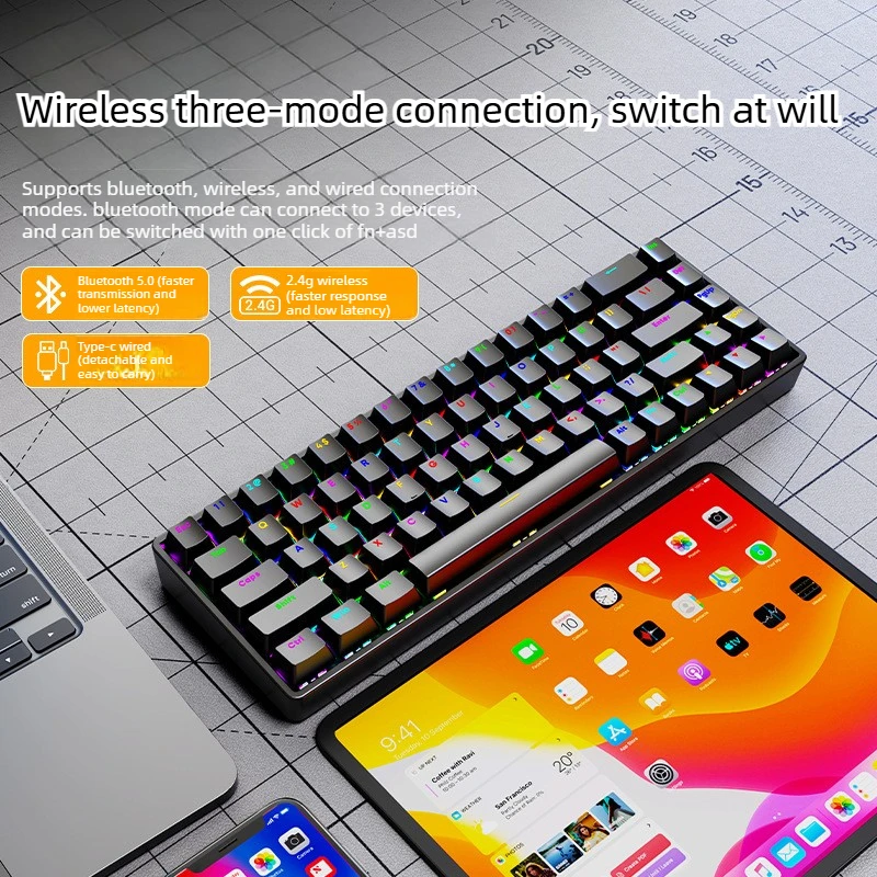 Teclado mecânico sem fio bluetooth 68 teclas rgb teclado para jogos pbt keycaps teclado mecânico acessórios para pc ipad para tablet