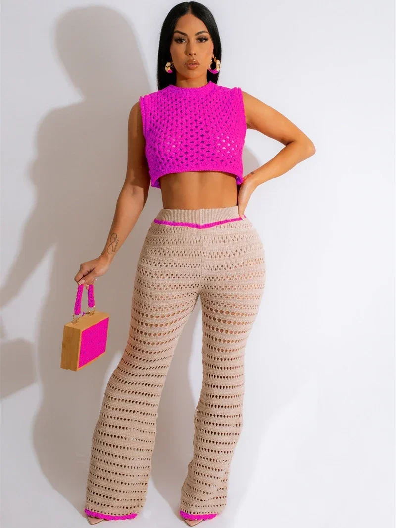 

Streetwear Crochet Tracksuit Women Two Piece Set Summer Y2K Clothing Sleeveless Crop Top and Pant Sets 2 Piece Sets Women Outfit