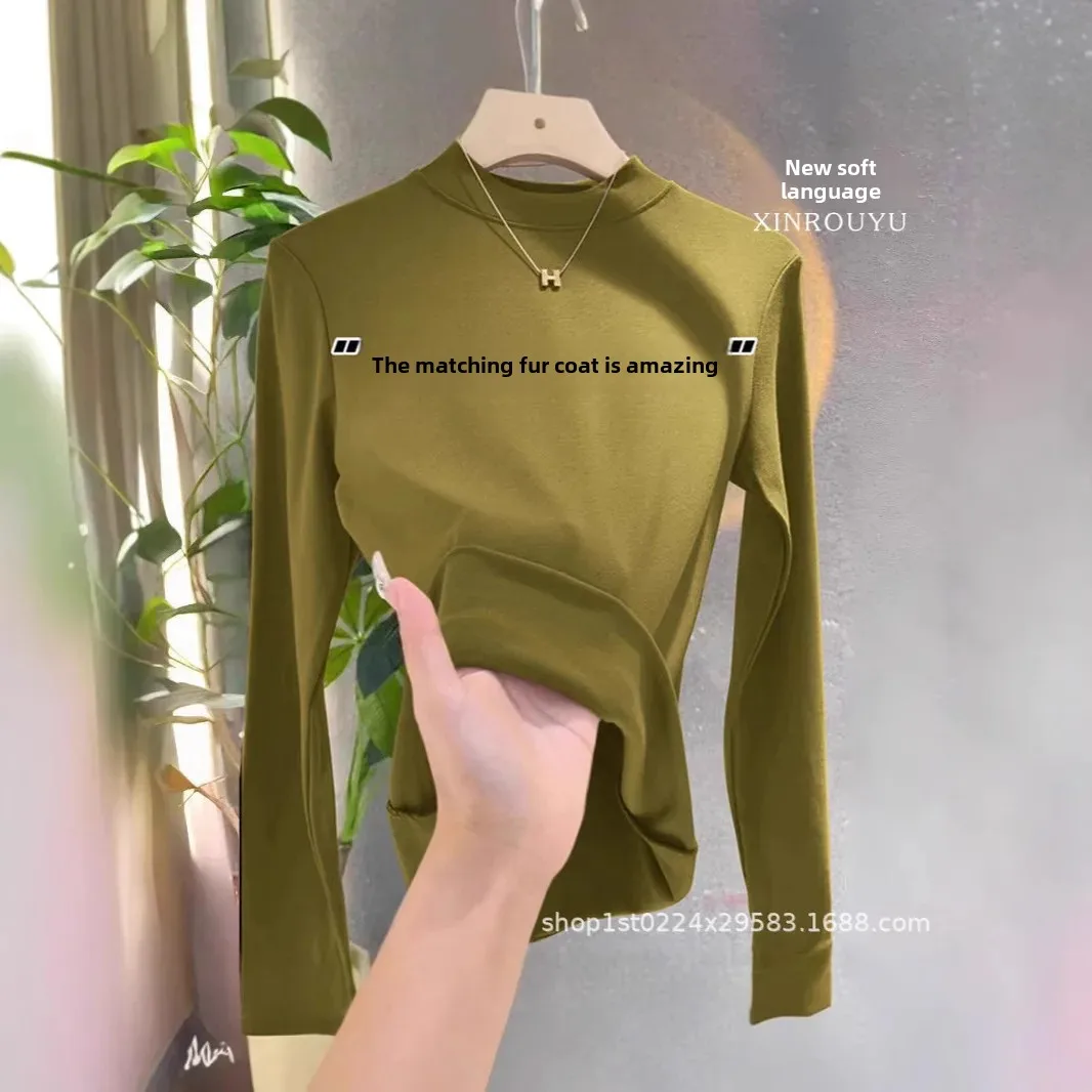 المرأة سميكة طويلة الأكمام قاعدة قميص نصف الياقة العالية على الوجهين المخملية ضيق تي شيرت مجسم الخريف الشتاء نمط جديد #3