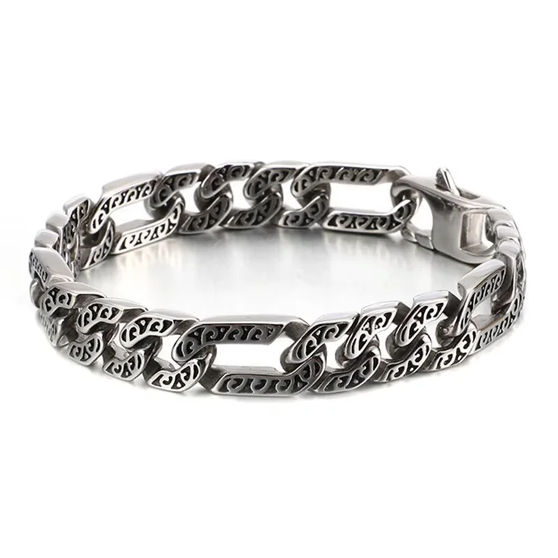 Fongten 21.5cm Cuban Chain Bracelet For Men Stainless Steel Charm Male Curb Bracelets Bangles Silver Color Retro Totems  Jewlery