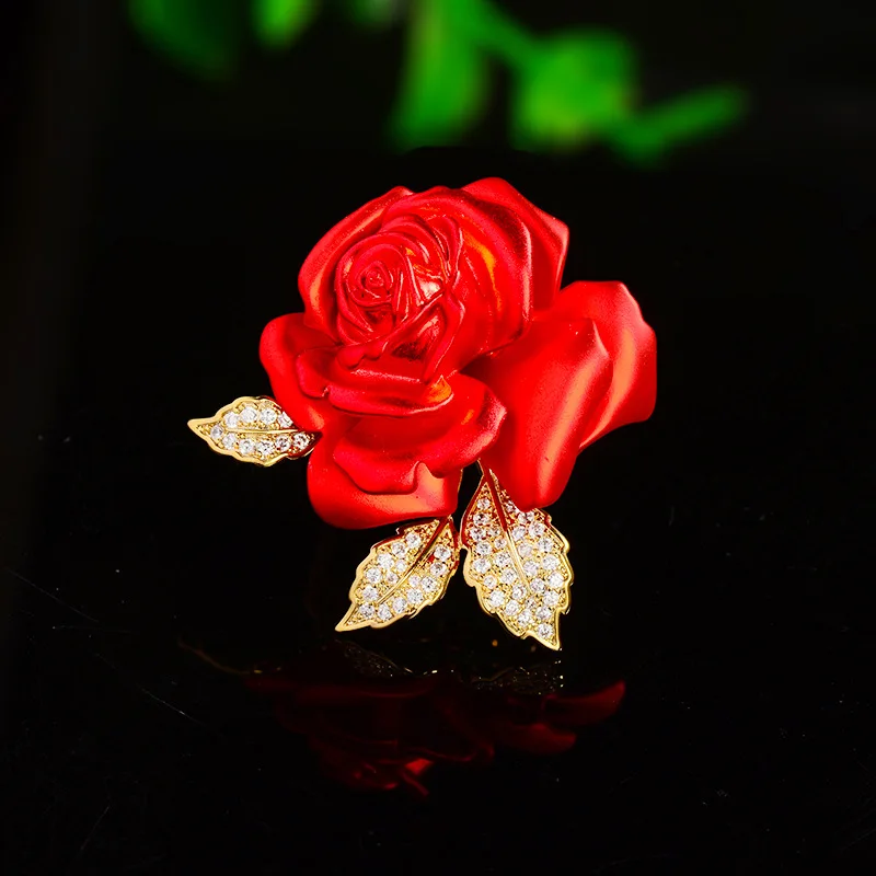 Chinese Style Exquisite Red Rose Brooch For Women Micro Pave Zircon Flower Lapel Pin Lucky Auspicious Suit Dress Accessory Gift