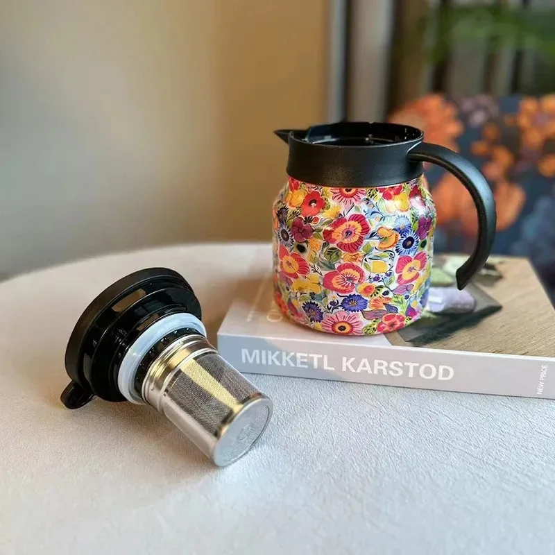 800ml Coffee Pot with Tea Infuser 316 Stainless Steel Thermal Carafe with Floral Painting Keep Warm Function Tea Pots Coffee Cup