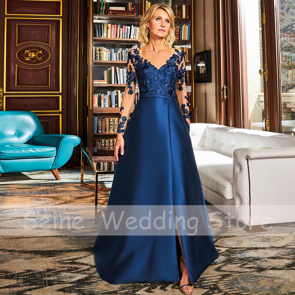 Royal Blue Wedding Guest Gowns 2022 Lace Applique Mother Of The Bride Dresses A-Line Split Satin Illusion Sexy Evening Dress