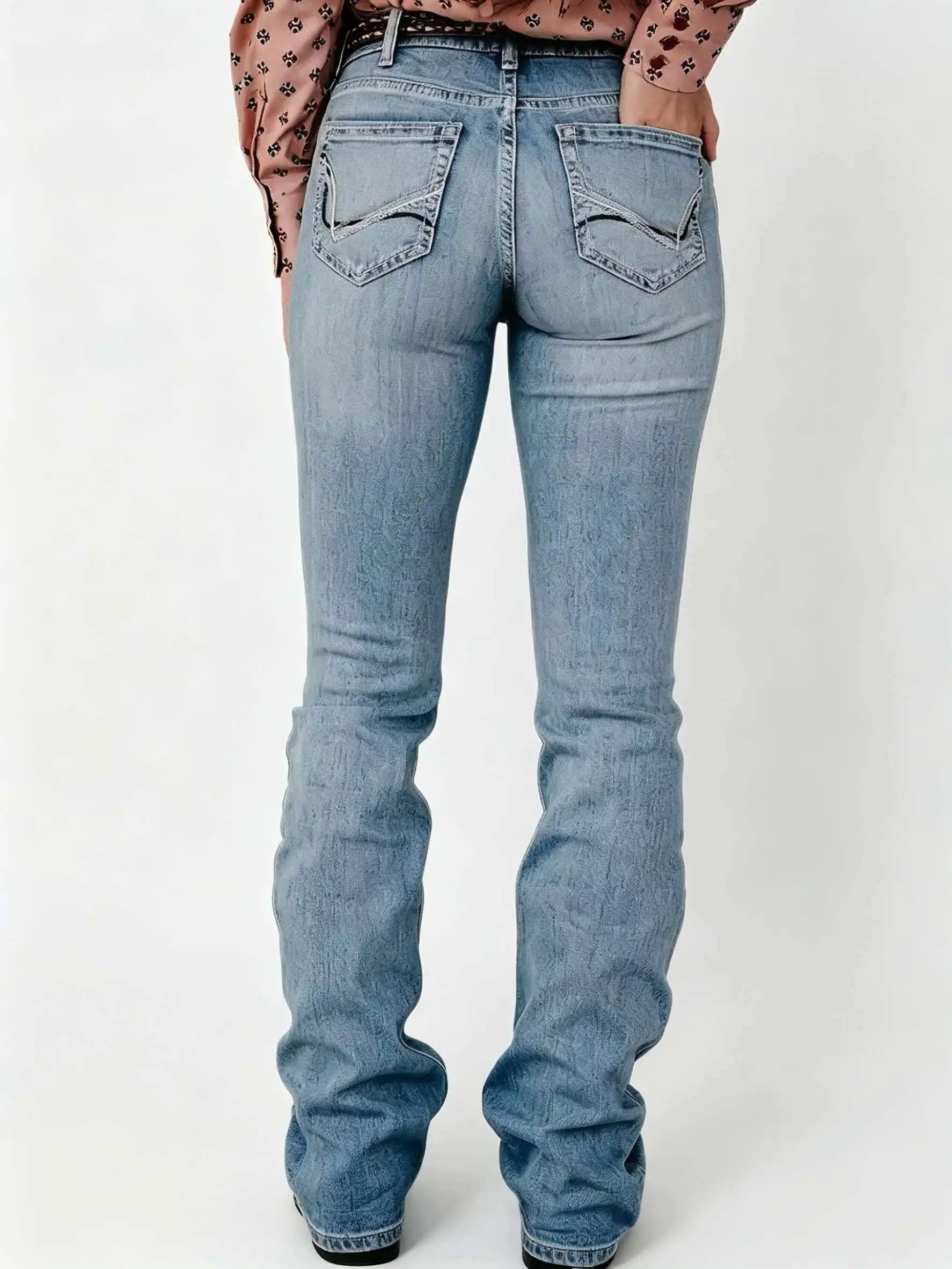 Light Blue High Elastic Bootcut Jeans Pants with Embroidered Back Pockets Slim Micro Flared Denim Trousers