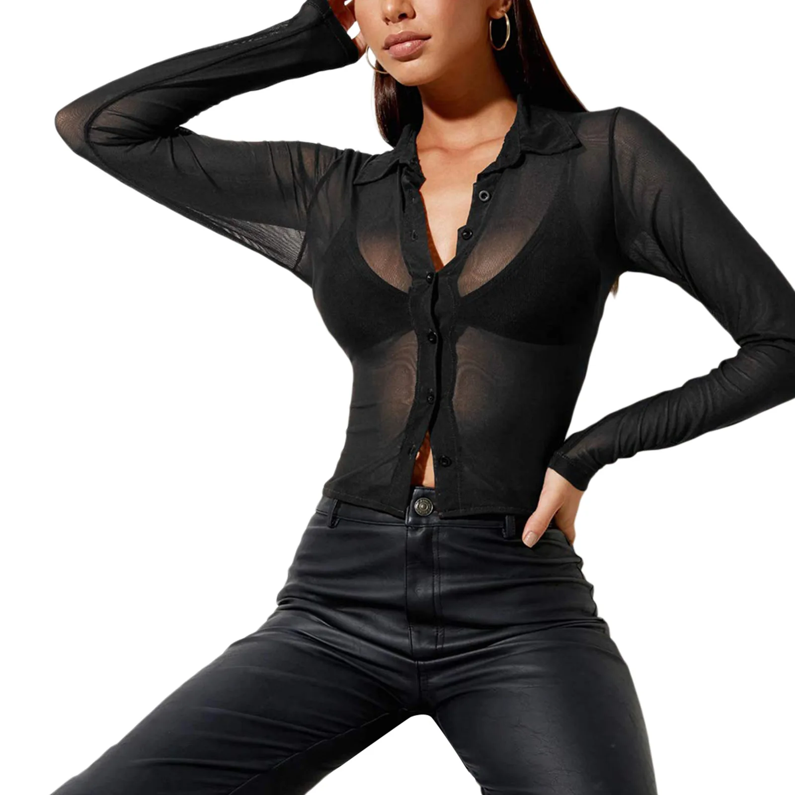 Women\'s Sexy See Through Shirts Mesh Sheer Single Breasted Tops Long Sleeve Turn-down Collar Sheer Blouse Streetwear