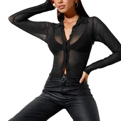 Women's Sexy See Through Shirts Mesh Sheer Single Breasted Tops Long Sleeve Turn-down Collar Sheer Blouse Streetwear