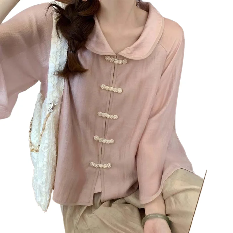 

Doll Collar Shirt for Women in Spring and Autumn 2024 New Dopamine Retro Small Shirt New Chinese Style Button Up Top