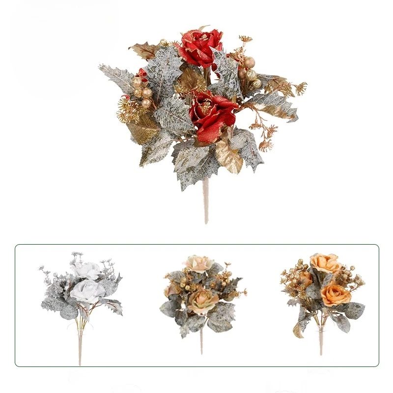 

Roses, fake flowers, golden round fruit leaves, silver powder, Christmas