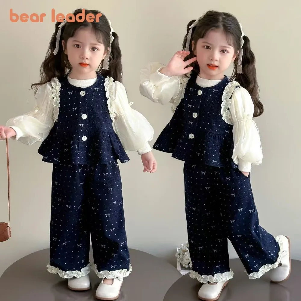 

Bear Leader Spring and Autumn Fashion Imitation Denim Ruffle Girls Clothes Bow Printed Vest+Long Sleeved Shirt+Pants 3-piece Set
