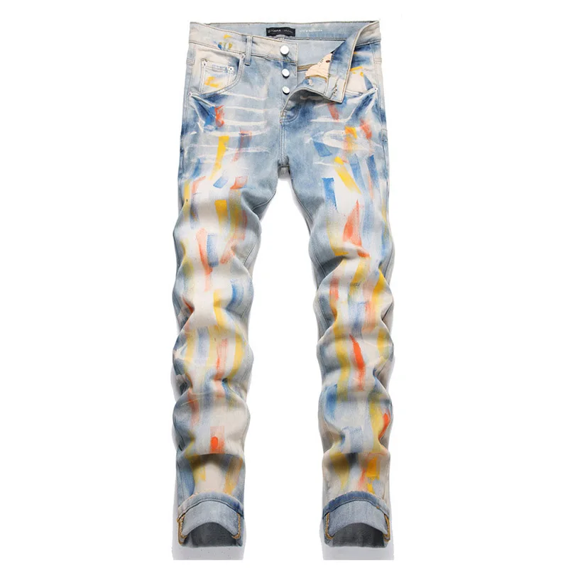 Mcikkny Men Fashion Printed Casual Jeans Trousers Washed Stretch Blue Denim Pants Slim Fit