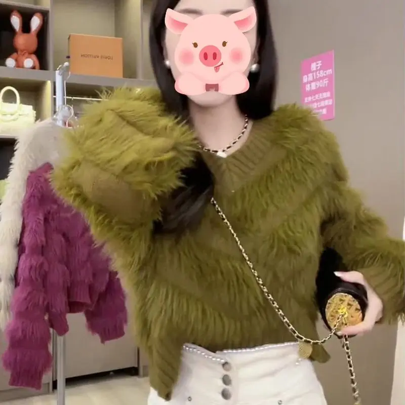 Fluffy Sweater Women Knitted Pullover Faux Mink Sweater Korean Fashion Loose Tops Kawaii Clothing Long Sleeve Y2k Clothes