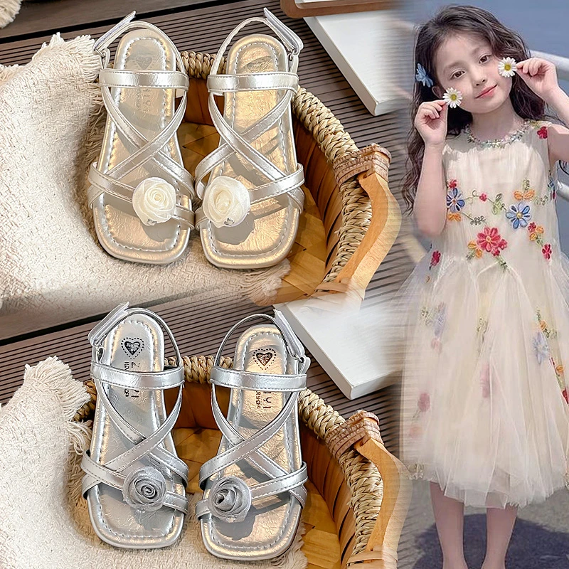 

Girls Silver Flower Sandals Soft Princess Summer Beach Shoes Cute Bow Kids Outdoor Walking Footwear for Toddler Children's Shoes