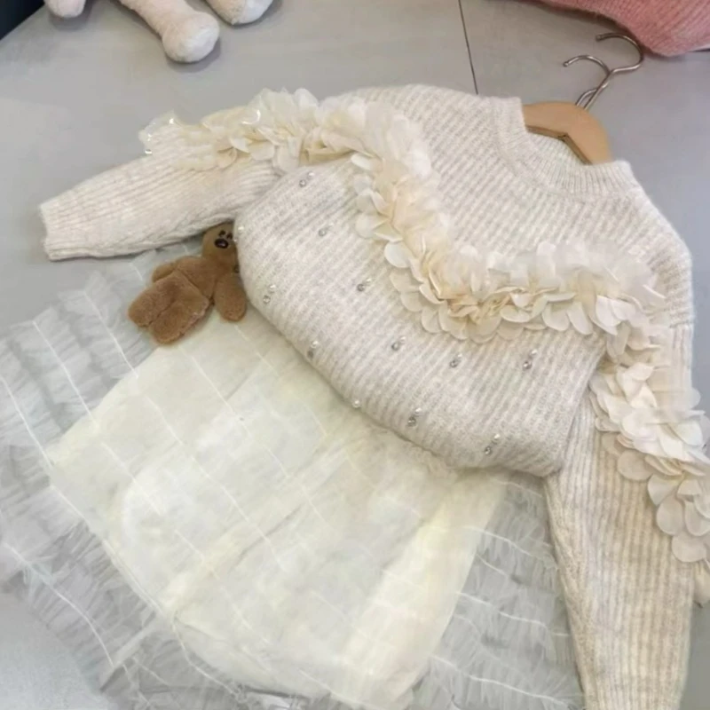 2025 الفتيات الخريف/الشتاء جديد زهرة الصناعة الثقيلة محبوك سترة مزاجه الأميرة نمط لينة لزجة تنوعا سترة #3