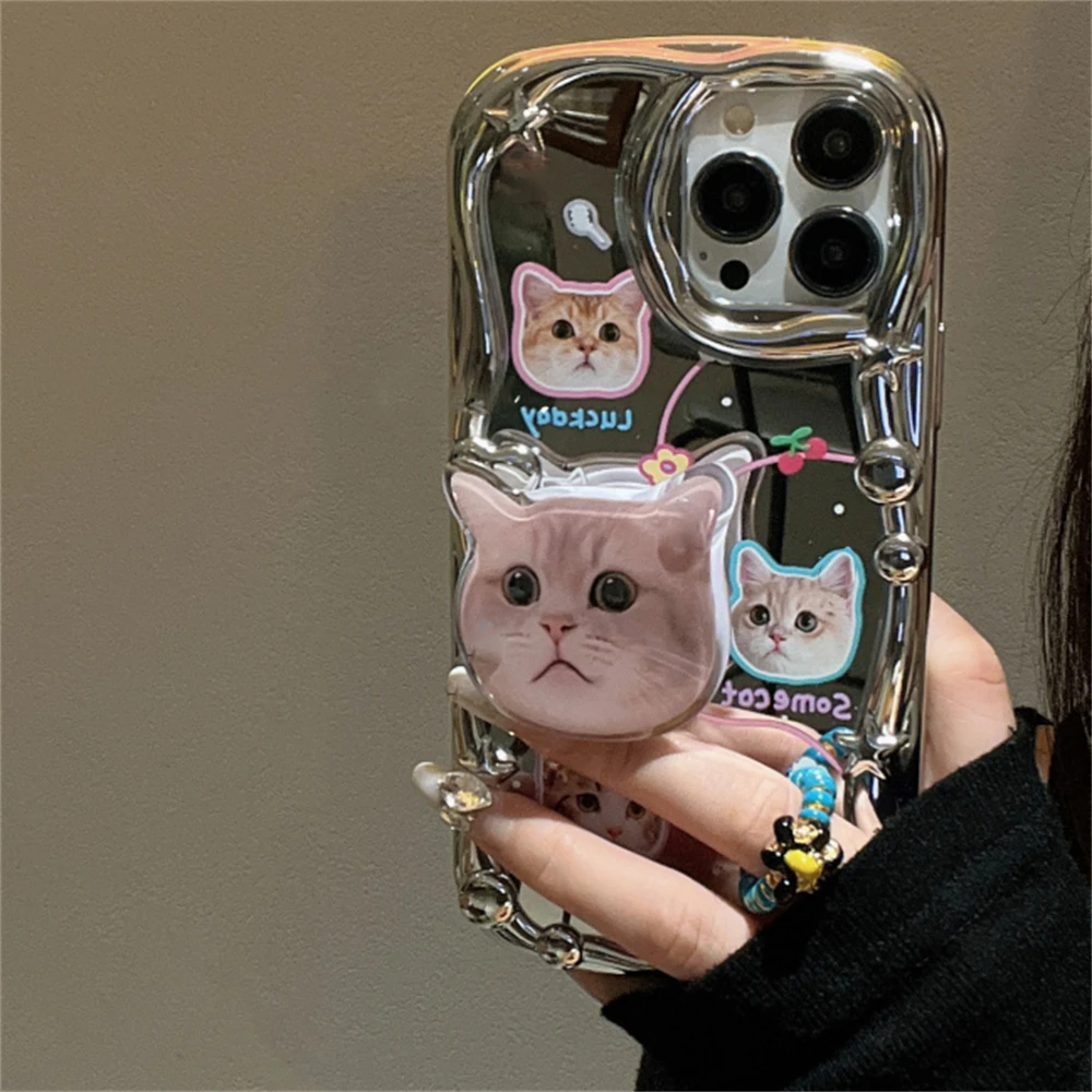 Korean Cute 3D Cat Bracket Star Plating Soft Case For iPhone 16 15 14 13 12 11 Pro Max X XS XR Lovely Kitten Shockproof Cover