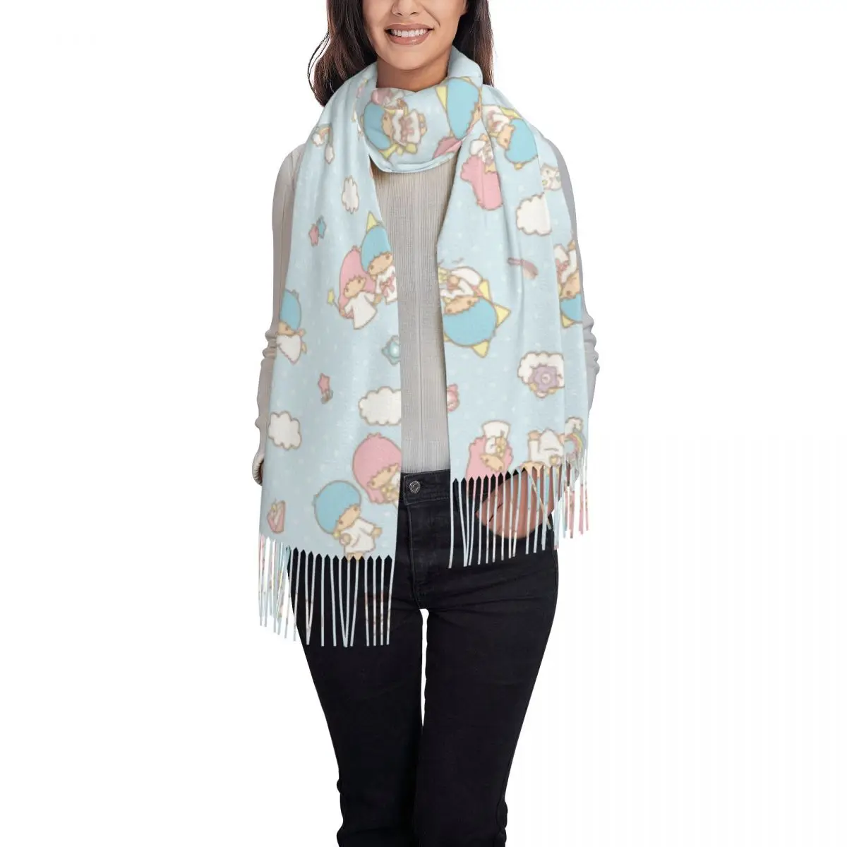 Women's Tassel Scarf Little Twin Stars Long Super Soft Shawl Wrap Sanrio Daily Wear Pashmina Scarves