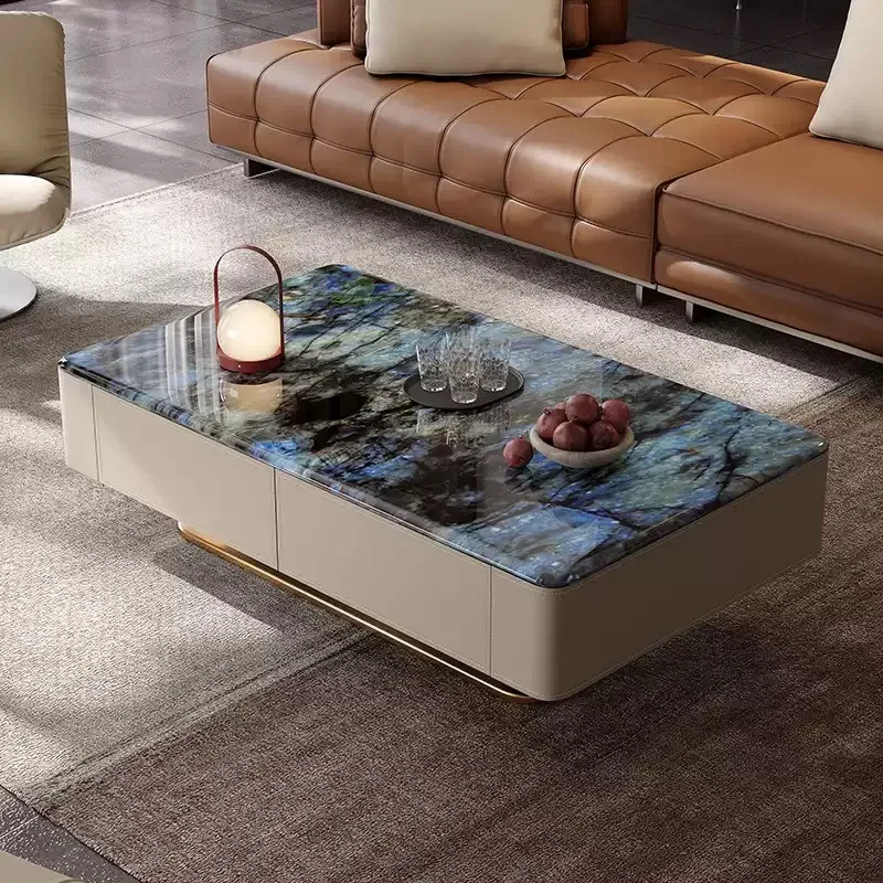 طراز إيطالي، رخام طبيعي، طاولة قهوة، سرج جلد، منزلي، حجر كريستالات دقيقة