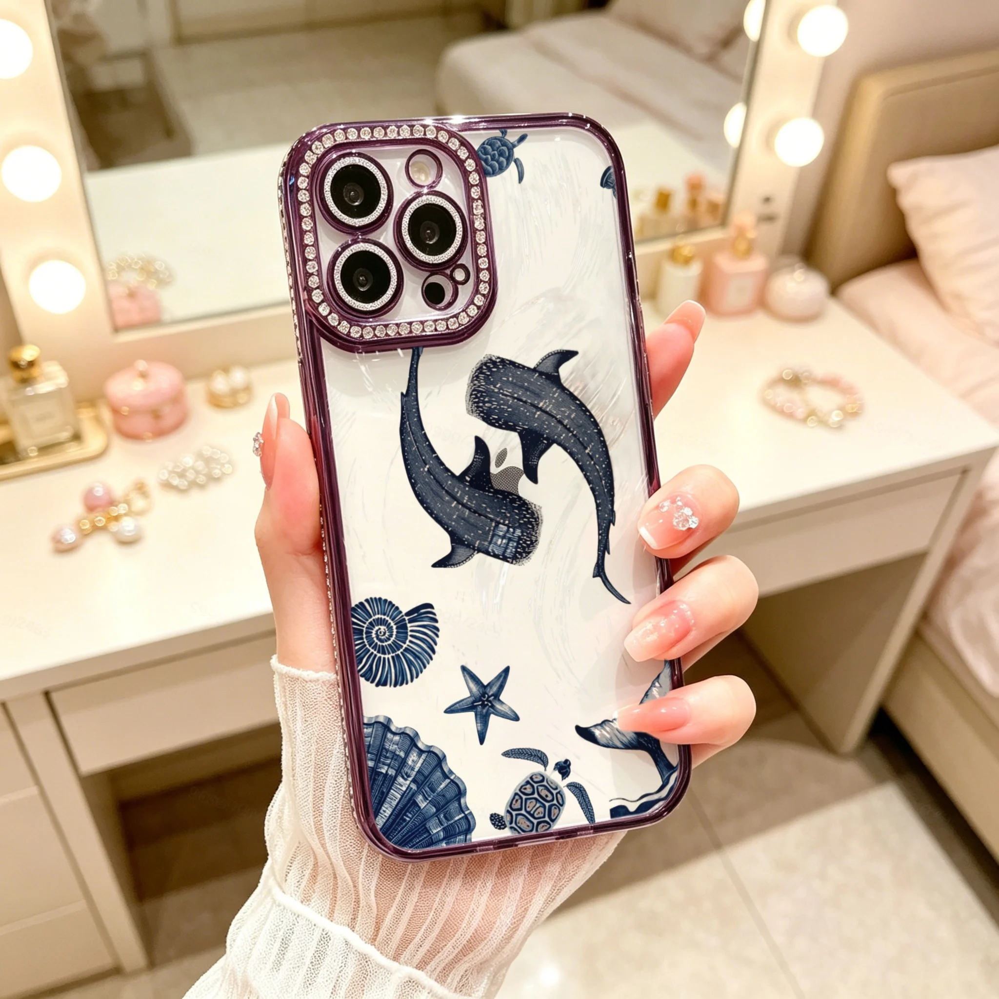 Diamond Electroplated TPU Phone Case for iPhone,  Vintage Ocean Style, Blue Whale And Shell Pattern Phone Case With Rhinestone Camera Frame  , Luxury Glitter Rhinestone Frame, Built-in Lens Protector, Anti-Slip Shockproof Clear Cover